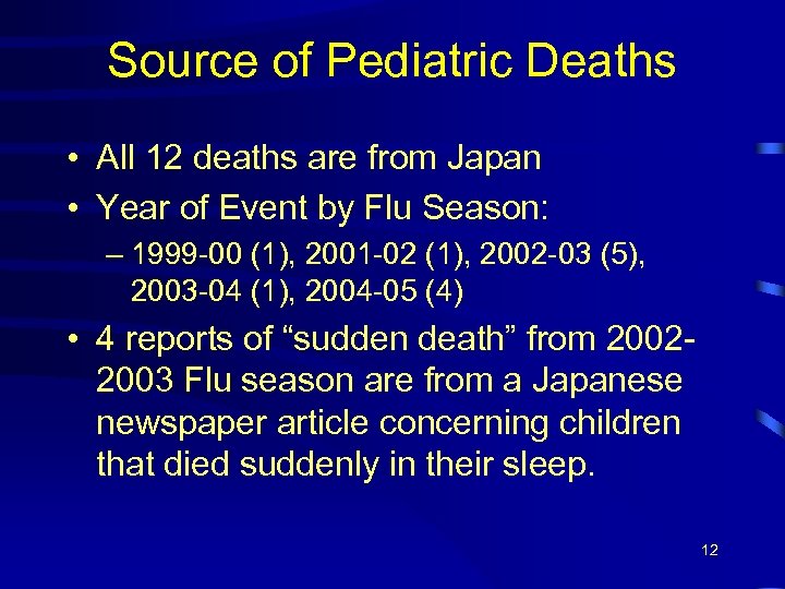 Source of Pediatric Deaths • All 12 deaths are from Japan • Year of