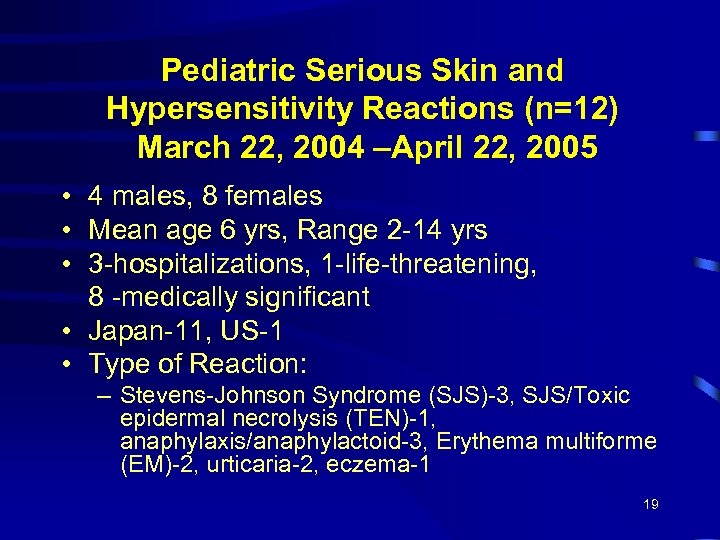 Pediatric Serious Skin and Hypersensitivity Reactions (n=12) March 22, 2004 –April 22, 2005 •