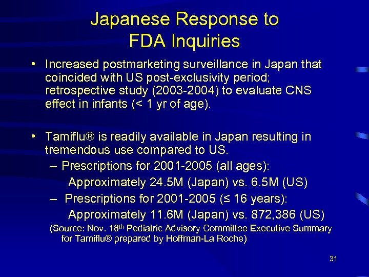 Japanese Response to FDA Inquiries • Increased postmarketing surveillance in Japan that coincided with