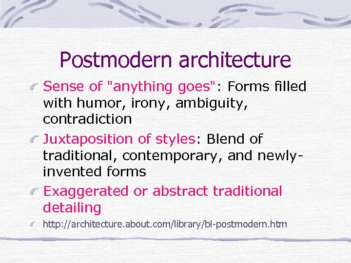 Postmodern architecture Sense of 