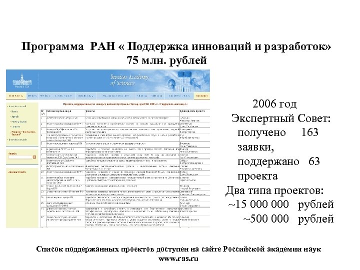 Программа РАН « Поддержка инноваций и разработок» 75 млн. рублей 2006 год Экспертный Совет: