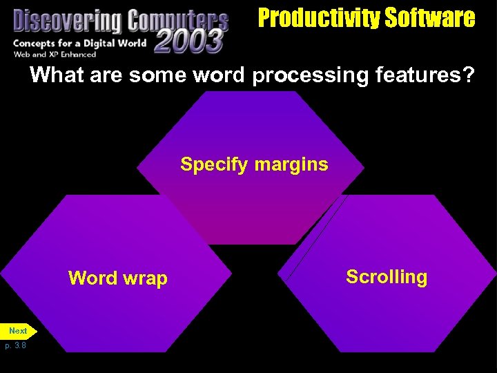 Productivity Software What are some word processing features? Specify margins Word wrap Next p.