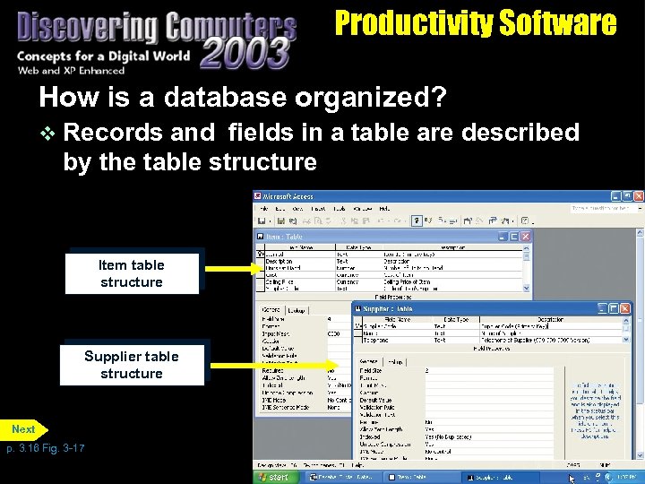 Productivity Software How is a database organized? v Records and fields in a table