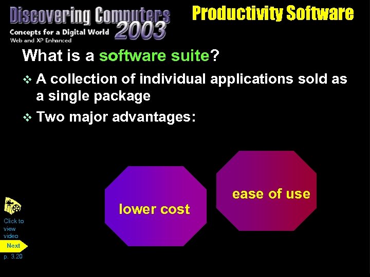 Productivity Software What is a software suite? v. A collection of individual applications sold