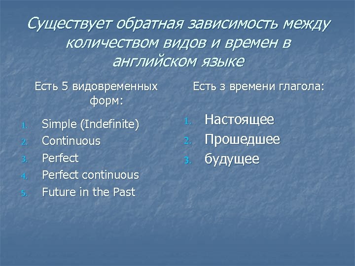 Существует обратная зависимость между количеством видов и времен в английском языке Есть 5 видовременных