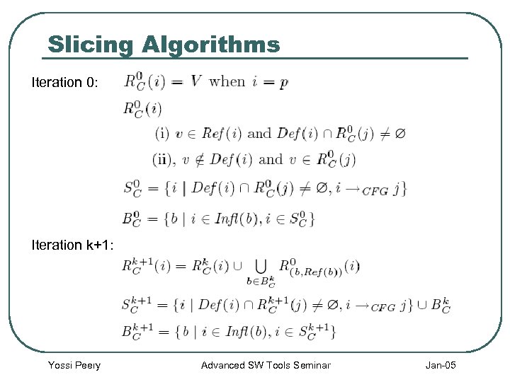 Slicing Algorithms Iteration 0: Iteration k+1: Yossi Peery Advanced SW Tools Seminar Jan-05 
