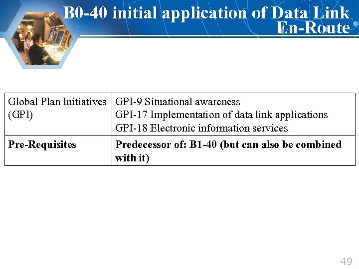 B 0 -40 initial application of Data Link En-Route Global Plan Initiatives GPI-9 Situational