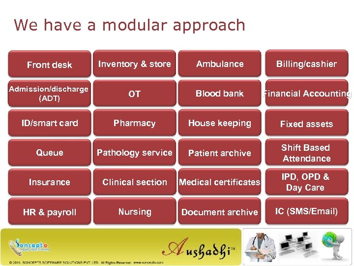 We have a modular approach Front desk Inventory & store Ambulance Billing/cashier Admission/discharge (ADT)