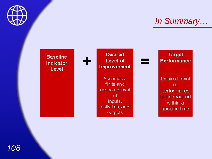 In Summary… Baseline Indicator Level + Desired Level of Improvement Assumes a finite and