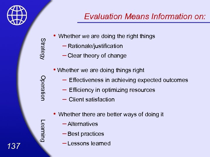 Evaluation Means Information on: Strategy • – Rationale/justification – Clear theory of change Operation