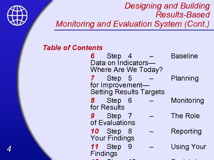 Designing and Building Results-Based Monitoring and Evaluation System (Cont. ) 4 Table of Contents