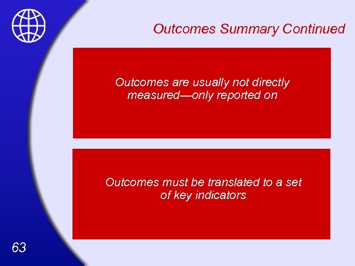 Outcomes Summary Continued Outcomes are usually not directly measured—only reported on Outcomes must be