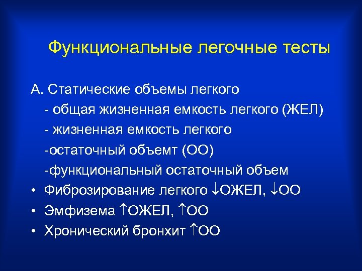 Функциональные легочные тесты А. Статические объемы легкого - общая жизненная емкость легкого (ЖЕЛ) -