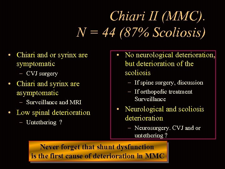 Chiari II (MMC). N = 44 (87% Scoliosis) • Chiari and or syrinx are