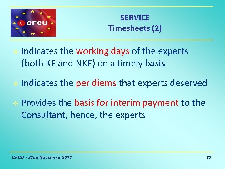 SERVICE Timesheets (2) v v v Indicates the working days of the experts (both