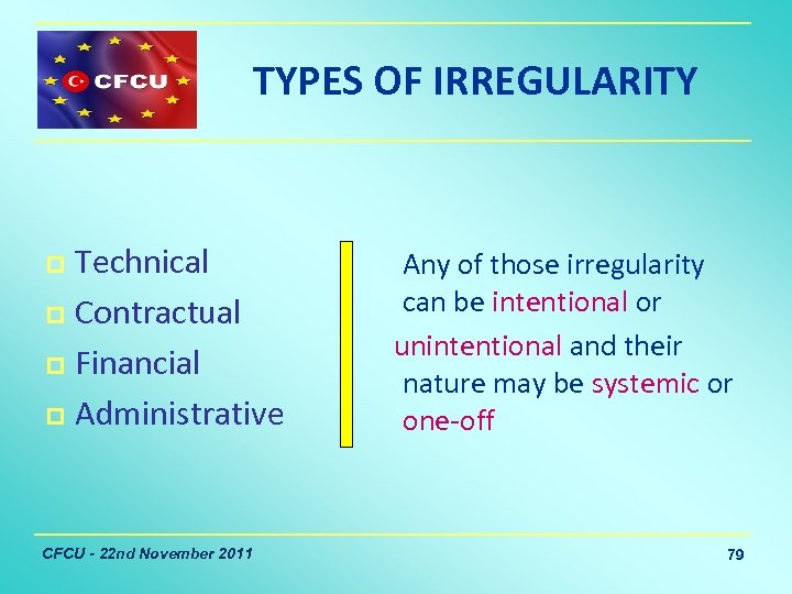 TYPES OF IRREGULARITY Technical p Contractual p Financial p Administrative p CFCU - 22