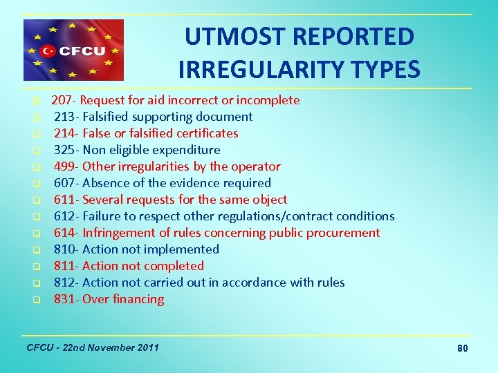 UTMOST REPORTED IRREGULARITY TYPES p q q q 207 - Request for aid incorrect