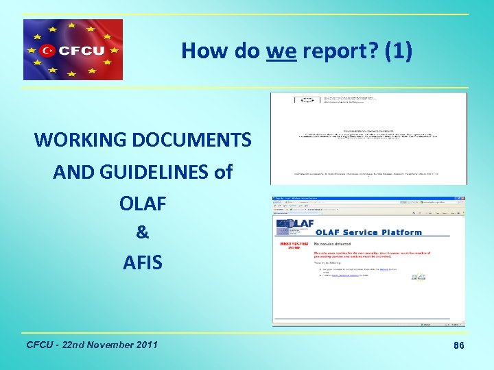 How do we report? (1) WORKING DOCUMENTS AND GUIDELINES of OLAF & AFIS CFCU