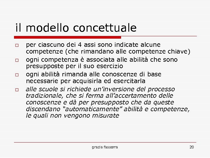 il modello concettuale per ciascuno dei 4 assi sono indicate alcune competenze (che rimandano