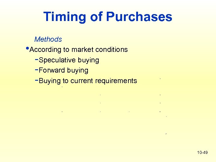 Timing of Purchases Methods • According to market conditions -Speculative buying -Forward buying -Buying