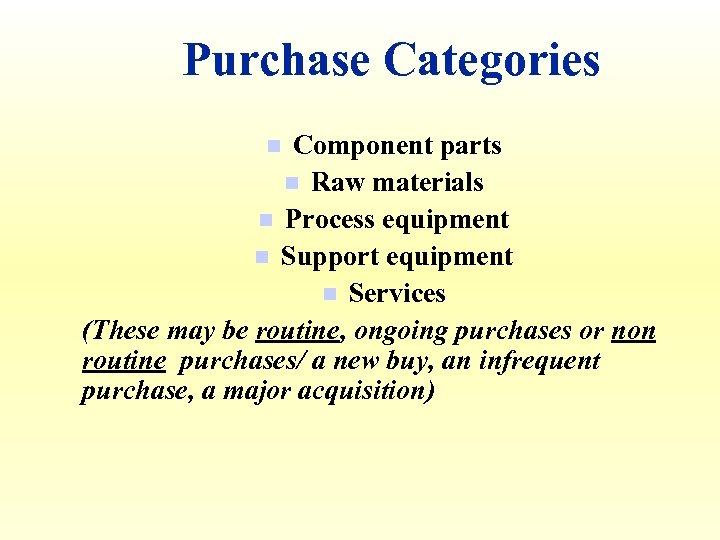 Purchase Categories Component parts n Raw materials n Process equipment n Support equipment n