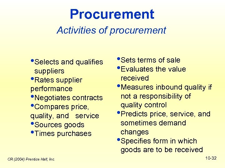 Procurement Activities of procurement • Selects and qualifies suppliers • Rates supplier performance •