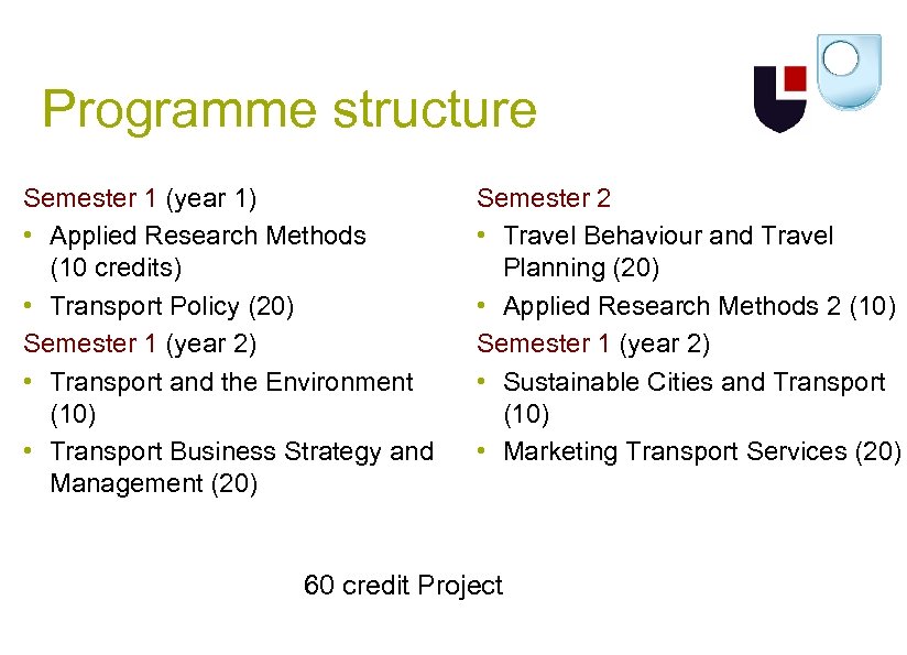 Programme structure Semester 1 (year 1) • Applied Research Methods (10 credits) • Transport