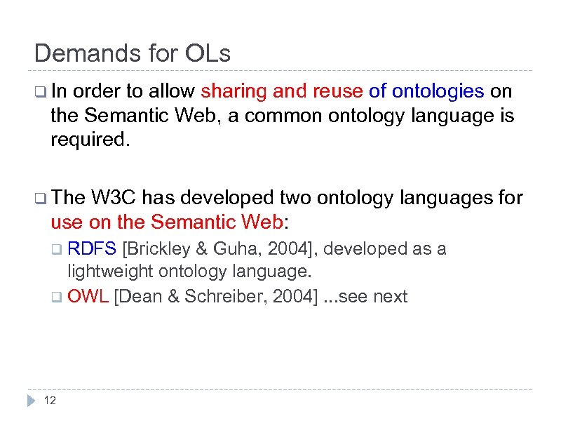 Demands for OLs q In order to allow sharing and reuse of ontologies on