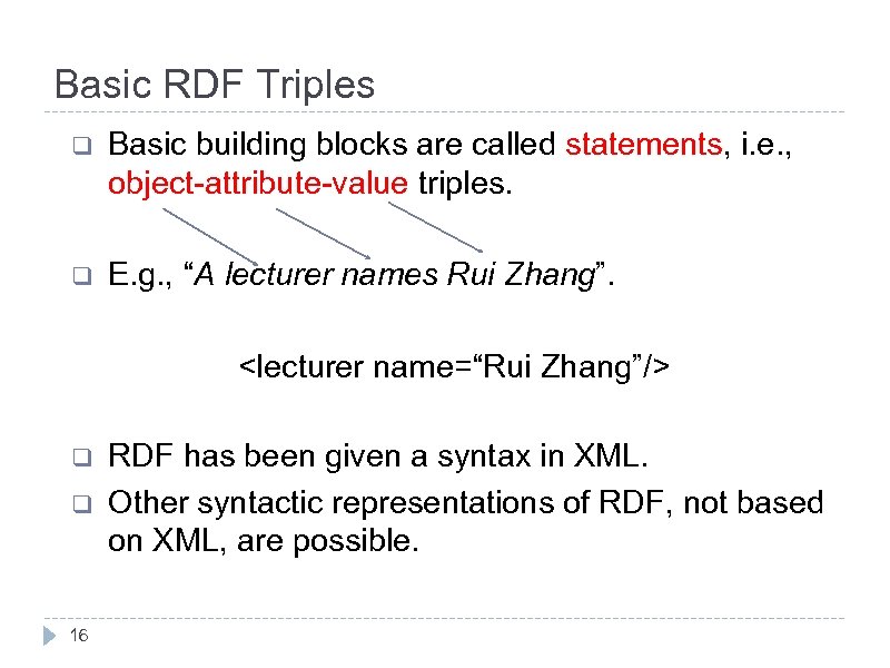 Basic RDF Triples q Basic building blocks are called statements, i. e. , object-attribute-value