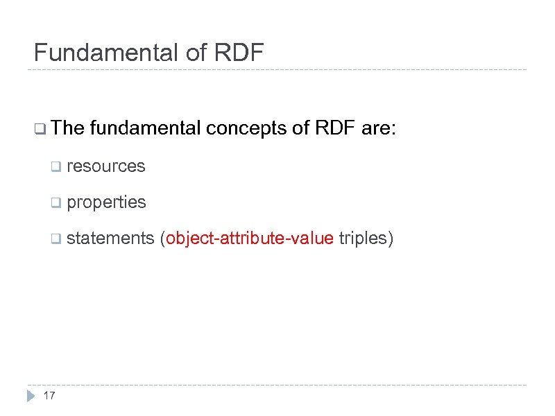 Fundamental of RDF q The fundamental concepts of RDF are: q resources q properties
