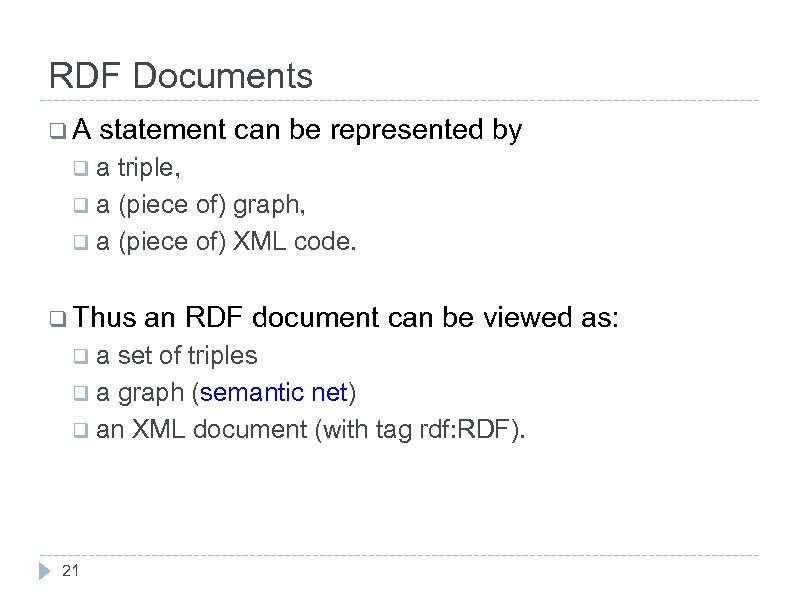 RDF Documents q. A statement can be represented by qa triple, q a (piece