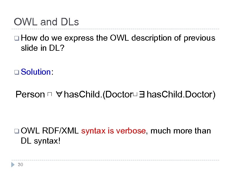 OWL and DLs q How do we express the OWL description of previous slide