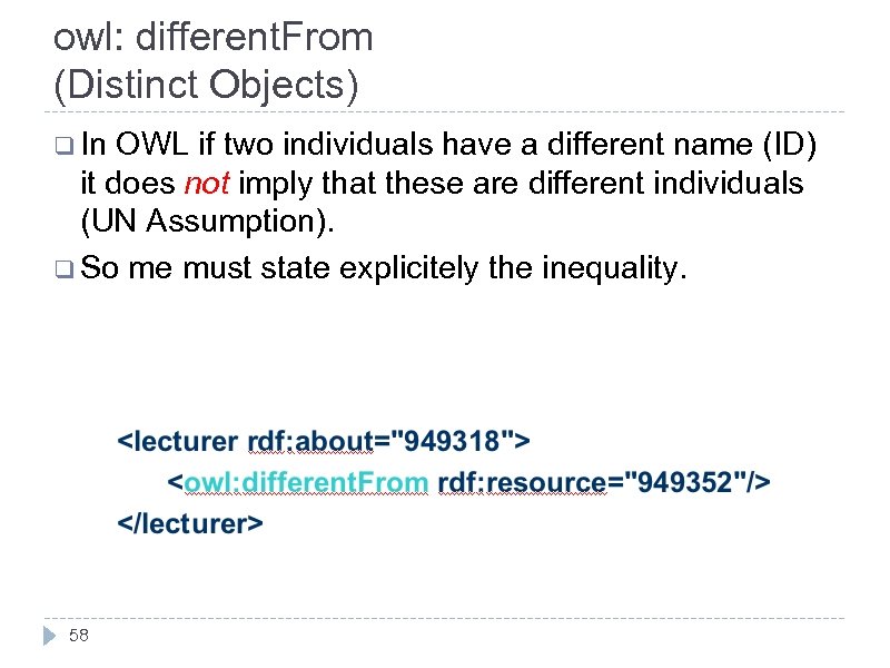 owl: different. From (Distinct Objects) q In OWL if two individuals have a different