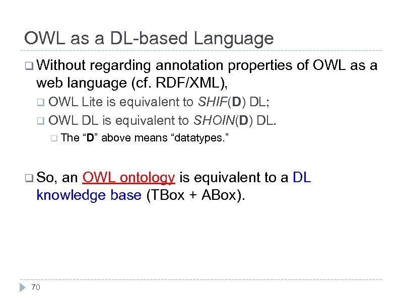 OWL as a DL-based Language q Without regarding annotation properties of OWL as a