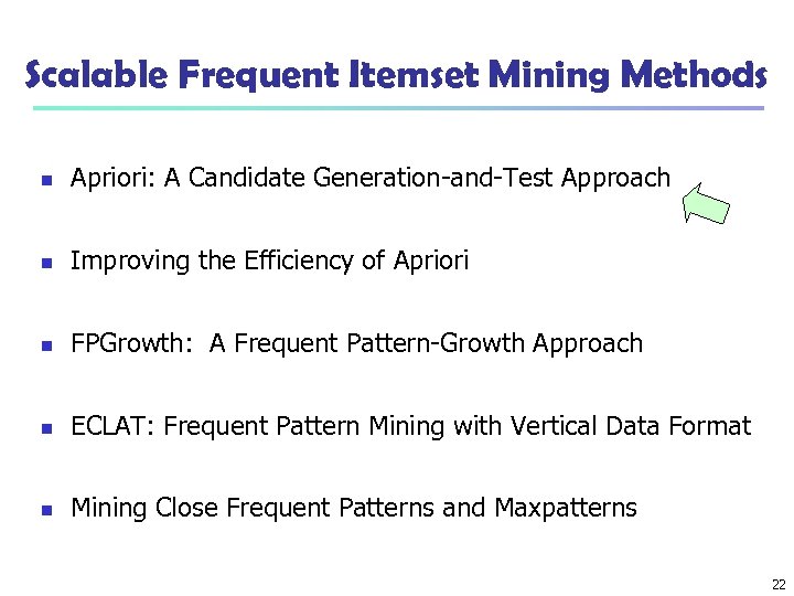 Scalable Frequent Itemset Mining Methods n Apriori: A Candidate Generation-and-Test Approach n Improving the