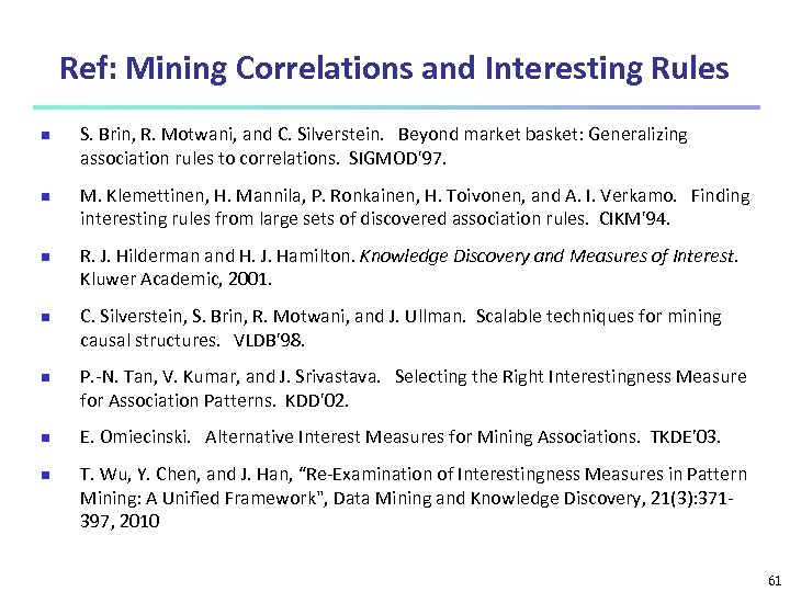 Ref: Mining Correlations and Interesting Rules n n n n S. Brin, R. Motwani,
