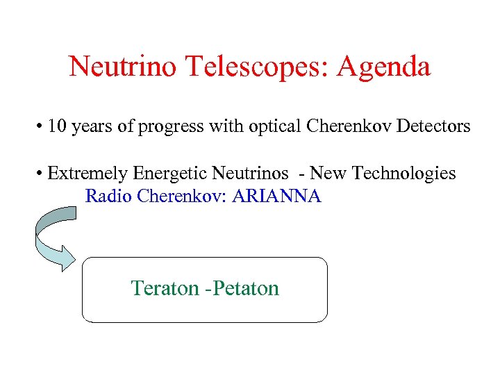 Neutrino Telescopes: Agenda • 10 years of progress with optical Cherenkov Detectors • Extremely