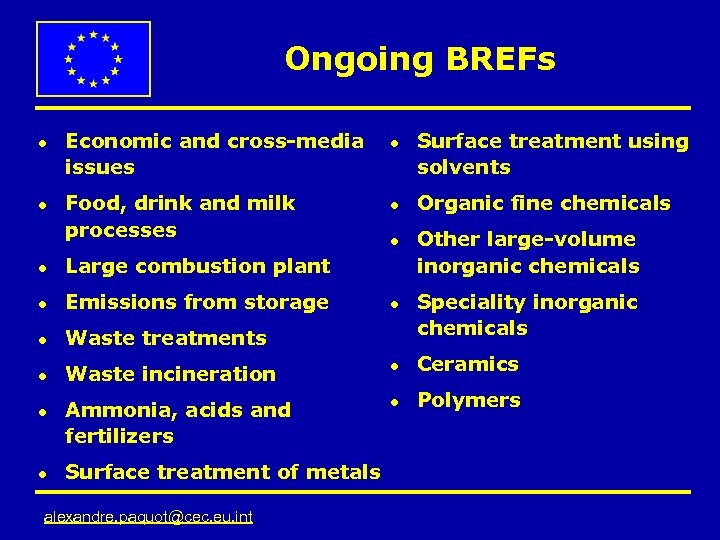 Ongoing BREFs l l Economic and cross-media issues Food, drink and milk processes l