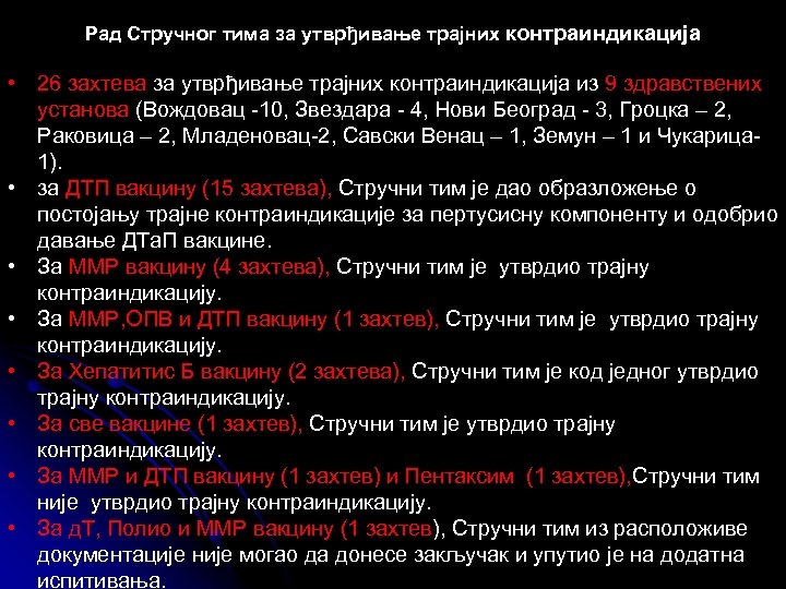 Рад Стручног тима за утврђивање трајних контраиндикација • 26 захтева за утврђивање трајних контраиндикација