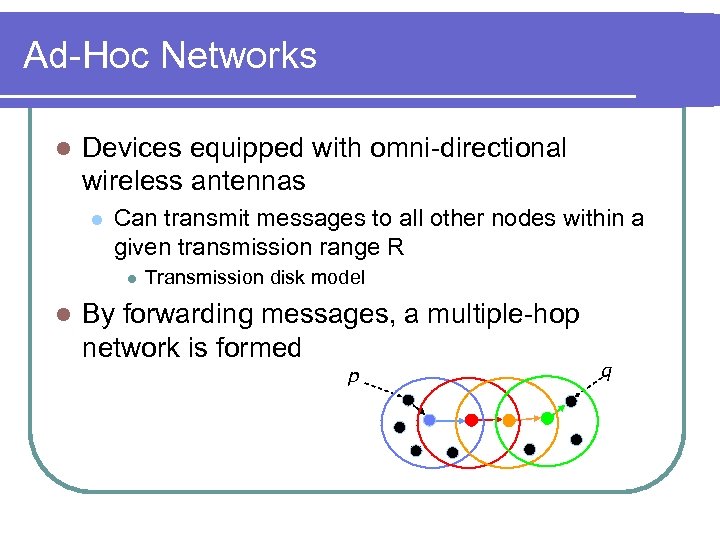 Ad-Hoc Networks l Devices equipped with omni-directional wireless antennas l Can transmit messages to