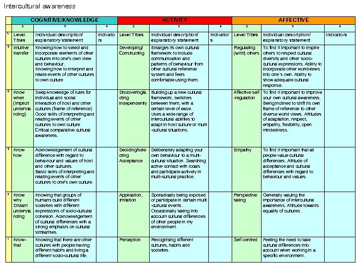 Intercultural awareness COGNITIVE/KNOWLEDGE 2 3 ACTIVITY 4 2 3 AFFECTIVE 4 2 Indicator s