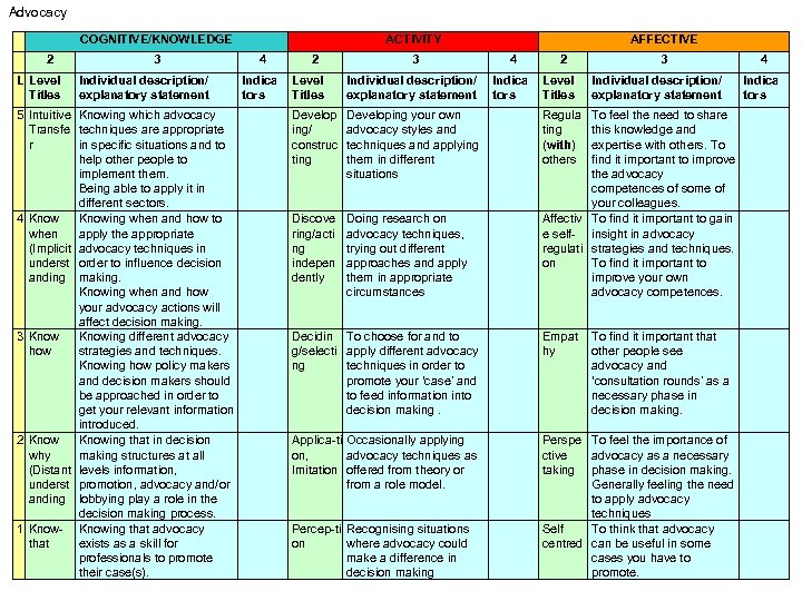 Advocacy COGNITIVE/KNOWLEDGE 2 L Level Titles 3 Individual description/ explanatory statement 5 Intuitive Knowing