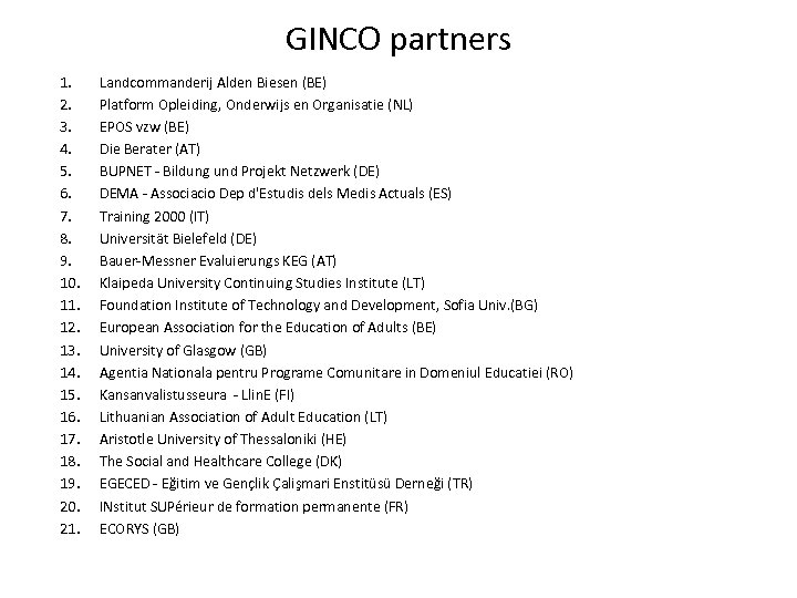 GINCO partners 1. 2. 3. 4. 5. 6. 7. 8. 9. 10. 11. 12.