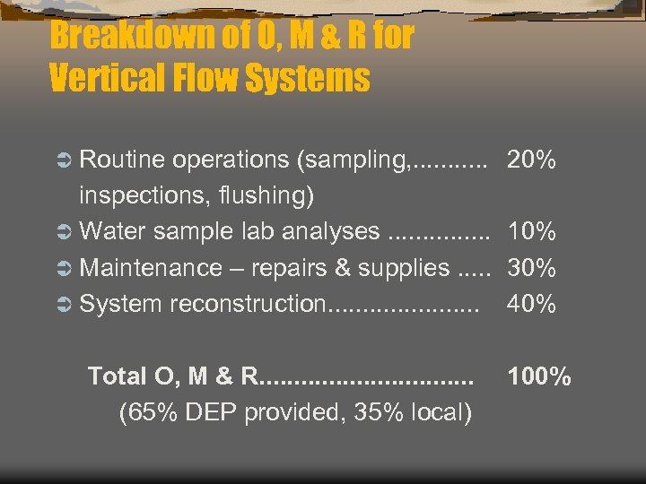 Breakdown of O, M & R for Vertical Flow Systems Ü Routine operations (sampling,