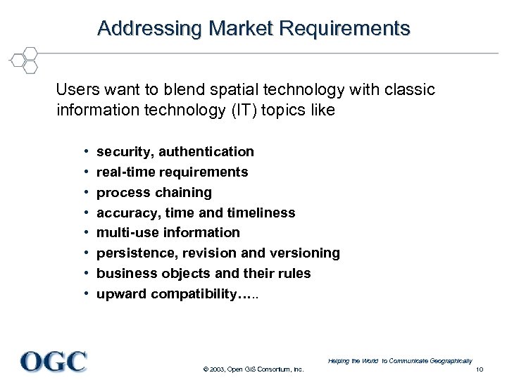 Addressing Market Requirements Users want to blend spatial technology with classic information technology (IT)