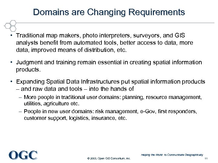 Domains are Changing Requirements • Traditional map makers, photo interpreters, surveyors, and GIS analysts