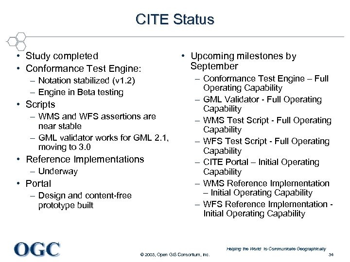 CITE Status • Study completed • Conformance Test Engine: – Notation stabilized (v 1.