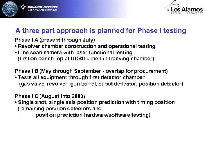 A three part approach is planned for Phase I testing Phase I A (present