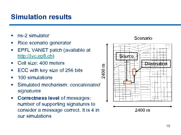Simulation results 2400 m § ns-2 simulator § Rice scenario generator § EPFL VANET