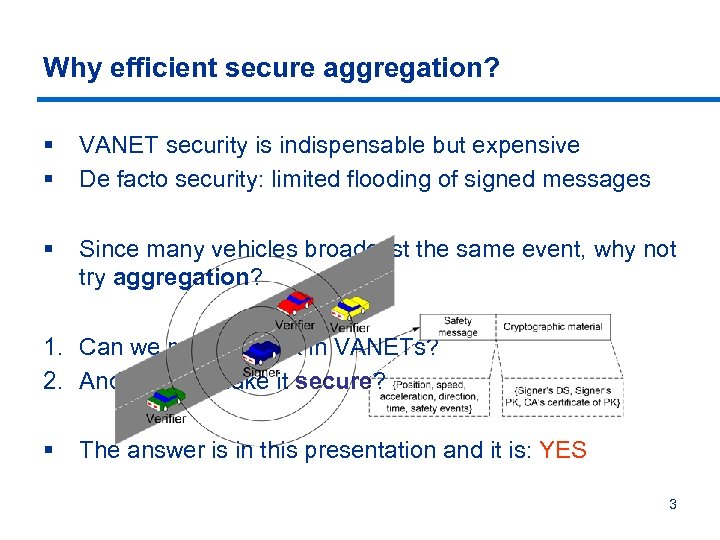 Why efficient secure aggregation? § § VANET security is indispensable but expensive De facto